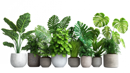 Plants in white ceramic pot: ficus lyrata, Sansevieria, pachira, zz zamioculcas zamiifolia or zanzibar gem plant. Variety of species. Isolated on a white background.