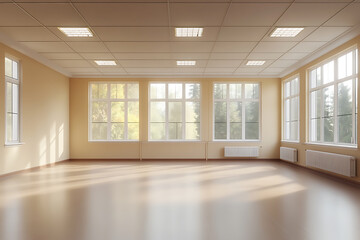 Fototapeta premium Sunlit Modern Empty Room Interior Design: Spacious Architecture with Large Windows and Light Wood Flooring