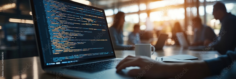 Poster A person coding on a laptop in a modern workspace with colleagues in the background.