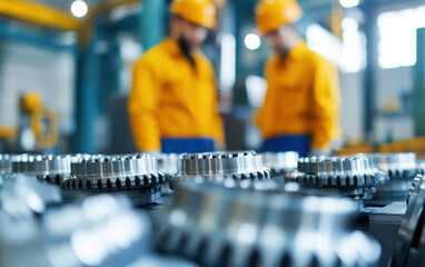 Fototapeta premium Factory employees aligning mechanical parts on production line, showcasing teamwork and precision in manufacturing environment. focus is on intricate details of mechanical components. 
