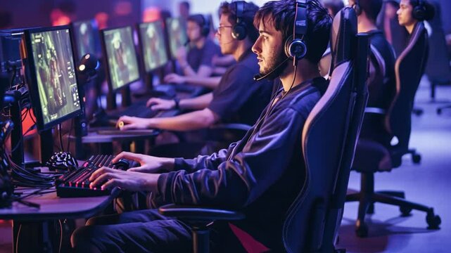 A man in a black hoodie is playing a video game in a room with other people