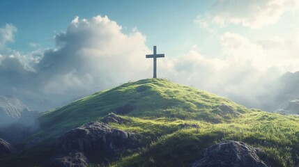 Simple wooden cross of Christ on a grassy hill, with a bright, clear blue sky above, representing faith and simplicity
