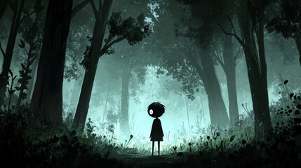 Fototapeta premium person standing alone in a dense, dark forest, looking around with wide, scared eyes