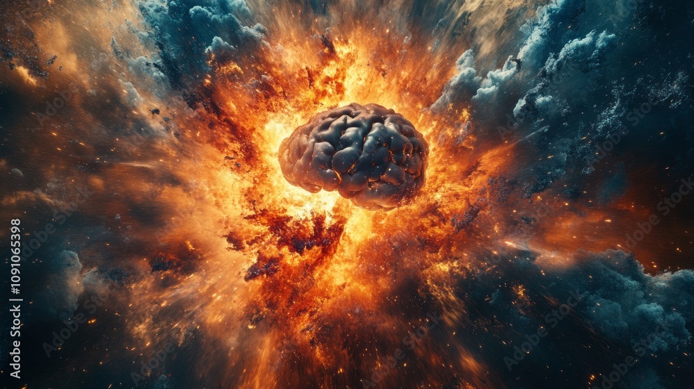 Poster A brain is exploding in a fiery explosion