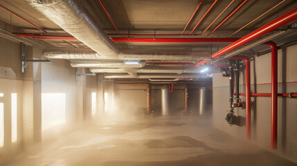 Basement pipes and humidity concept. Misty basement with multi layered pipe systems and industrial design