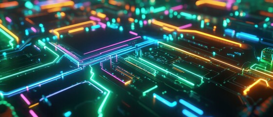 Obraz premium A vibrant, illuminated circuit board design showcasing technology and digital connections.