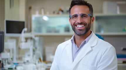 Fototapeta premium Male laboratory technician standing confidently in a white coat, science and innovation