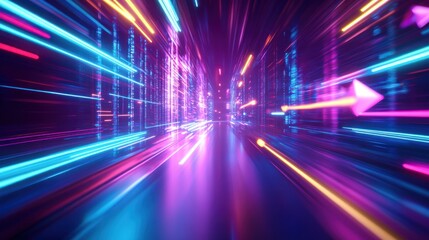 Fototapeta premium A vibrant digital landscape with colorful light trails suggesting speed and motion.