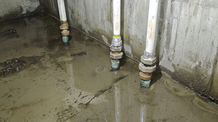 Basement pipes and humidity concept. Wet floor in basement with industrial pipes and condensation