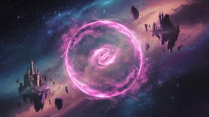 Pink and purple glowing nebula sphere with a swirling core, surrounded by particles, set in a fantasy-like cosmic atmosphere background