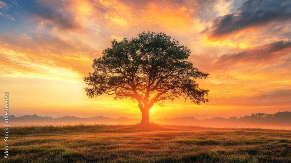 Poster A large tree stands in a field with a beautiful sunset in the background