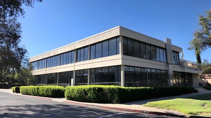 Fototapeta premium A photo of an office building in San Diego, with white and gray exterior colors, rectangular windows on the side, with glass panes