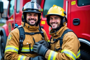 Fototapeta premium Two Joyful Firefighters in Front of Red Truck, Ready for Action, Perfect for Motivational Posters and Team Building