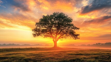 A large tree stands in a field with a beautiful sunset in the background