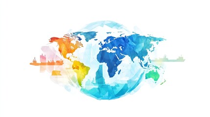 Obraz premium Transparent holographic globe highlighting shipping hubs flat design top view maritime theme water color Triadic Color Scheme