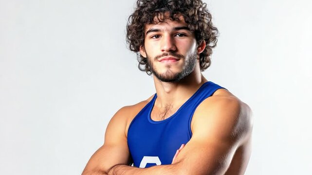 Confident young male wrestler in athletic gear posing against a neutral background, exuding strength and determination