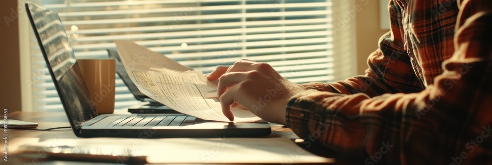 Poster A person reviewing documents while working on a laptop at a desk with a coffee cup.