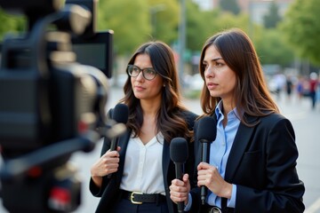 Professional Women Journalists Reporting News Outdoors with Microphones and Camera Equipment in Urban Setting