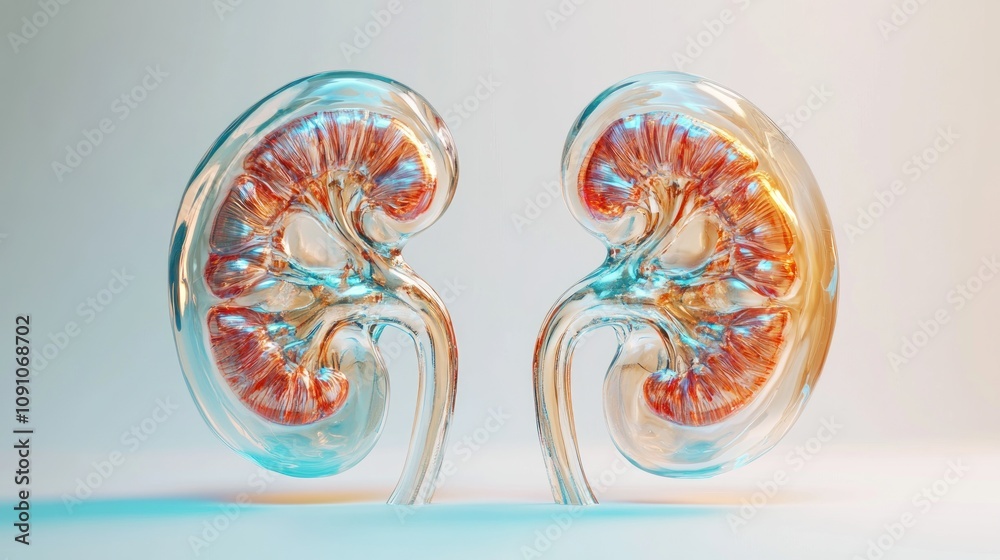 Poster a stylized representation of human kidneys, showcasing their structure and function.