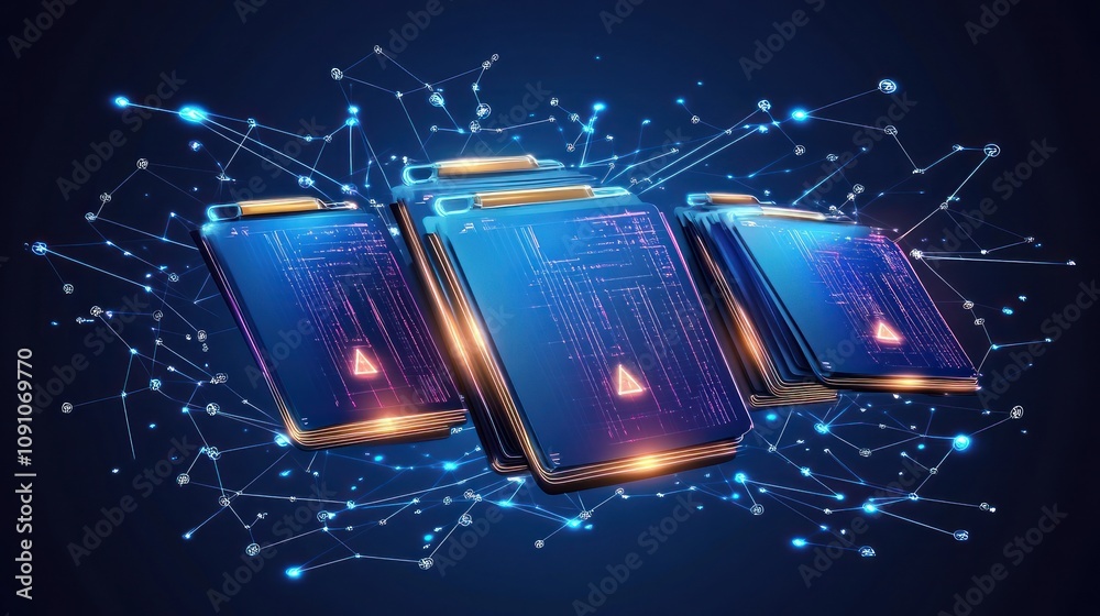 Poster digital representation of data storage with interconnected nodes and warning signals.