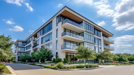 Fototapeta premium A photo of an office building in San Diego, with white and gray exterior colors, rectangular windows on the side, with glass panes