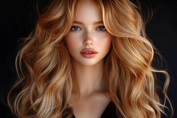 Fototapeta premium Young woman with long wavy blonde hair in a black dress.
