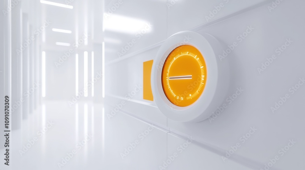 Poster a futuristic control panel with an orange dial in a sleek, minimalist corridor.
