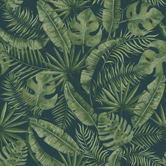 Seamless pattern with tropical green palm,  banana leaves. Hand drawing botanical vintage background. Suitable for making wallpaper, printing on fabric, wrapping paper, fabric.