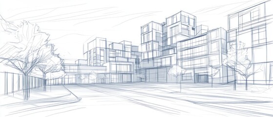 A sketched architectural design featuring modern buildings and trees along a street.