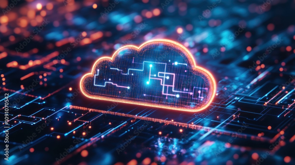 Poster a digital cloud symbol with circuit patterns, representing cloud computing technology.