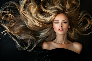 Fototapeta premium A young woman with long, wavy blonde hair flowing around her, giving a sense of movement and drama. 