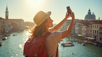 Fototapeta premium Exploring Venice Carnival: A Young Native Woman Enjoys a Selfie Capturing the Magic of Gondolas, Canals, and Love in Europe.