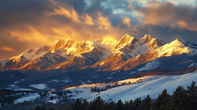 Golden light from the setting sun illuminates the snow-covered mountain range, with deep shadows creating a dramatic contrast against the white slopes