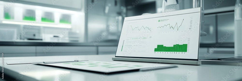 Poster A digital display showing data trends in a modern laboratory setting.