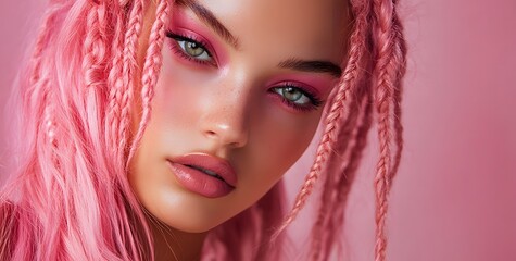 Obraz premium A woman with striking pink braids, styled in a creative and bold way. Her hair is dyed in a vivid pink shade that matches her makeup, including pink eyeshadow.