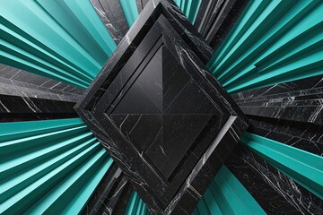 Obraz premium Elegant Geometric Black Stone Backdrop with Teal Rays and 3D Layered Texture