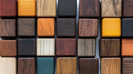 Fototapeta premium A Colorful Array of Various Wooden Cubes Displaying Distinct Grain Patterns and Rich Textures, Perfect for Craft and Design Projects