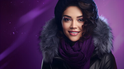 Beautiful Woman in Winter Clothing with Purple Background