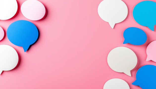 White and blue speech bubbles placed on a coral pink background, symbolizing lively and friendly conversations.