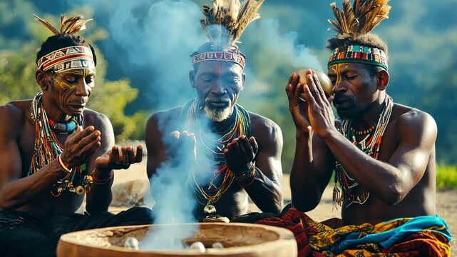 Three men from an African tribe wearing traditional clothing and beaded necklaces are eating around a campfire.