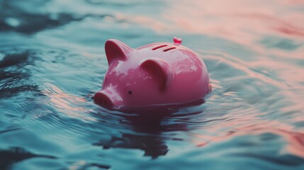 A Cute Pink Piggy Bank Floating on Calm Water in Soft Light, Representing Saving Money and Financial Freedom in a Whimsical Conceptual Scene