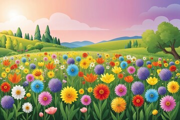 Vibrant Illustration of a Colorful Flower Meadow in Lush Spring Beauty
