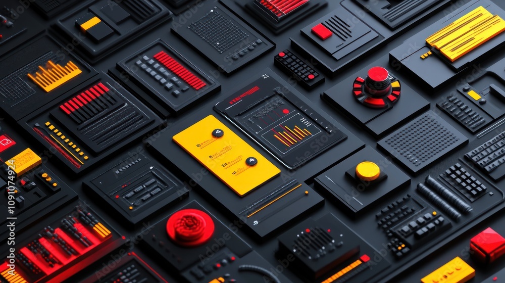 Poster A collection of abstract panels with various controls and displays in red, yellow, and black.