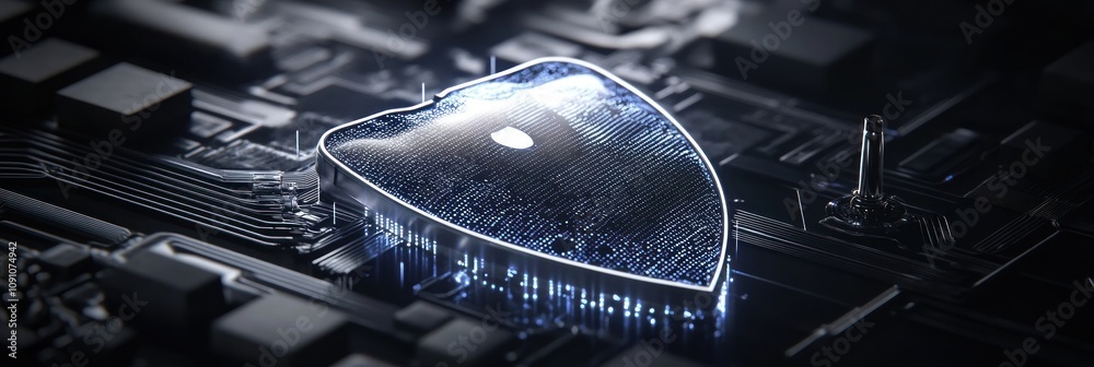 Poster A futuristic microchip design illuminated with a glowing shield-like structure.