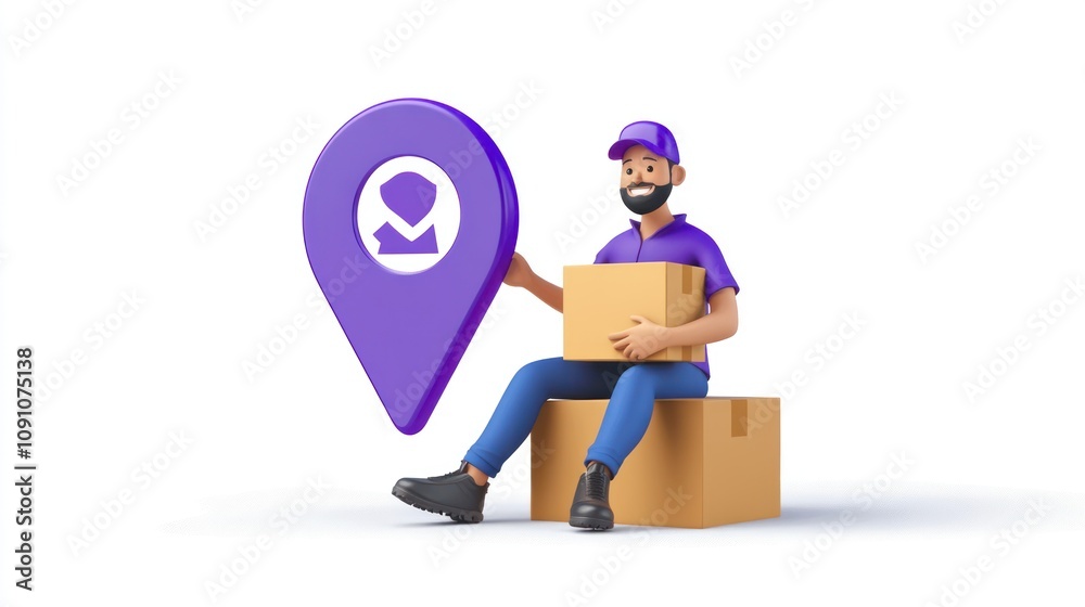 Poster a delivery person sits with a box and a location pin, symbolizing logistics and shipping.