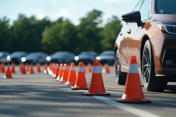 Car maneuvering cones. Driving test scene.