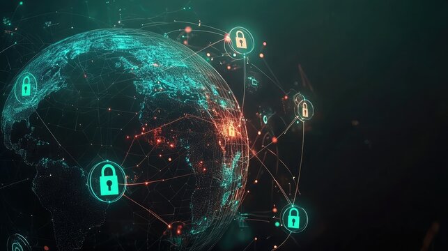 A digital globe with a glowing network of interconnected lines and floating lock icons surrounding it, symbolizing global cybersecurity. 