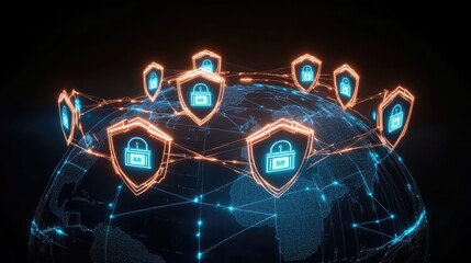 A digital globe with neon security shields hovering around it, each shield connected by light blue lines to major points on the continents, visualizing a secured global network. 