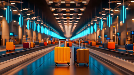 Fototapeta premium Two brightly colored suitcases sit on a baggage claim conveyor belt in a modern, illuminated airport setting, emphasizing travel and adventure. 