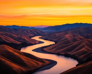 Fototapeta premium Breathtaking sunset over meandering river serene landscape nature scenic view